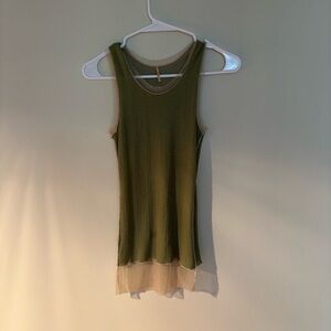 Olive Green Sleeveless Tank Top with Cream Hem